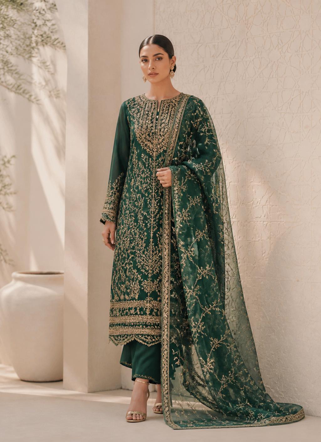 Model in emerald embroidered suit